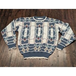 Vintage Hennessy by‎ Van Heusen Sweater Mens Large Tall Blue Crewneck Aztec 90s
